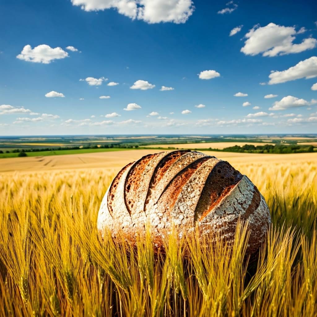 Para representar los beneficios del pan de masa madre de centeno El cielo azul un trigal y un pan de centeno
