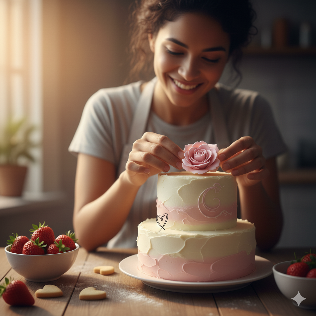 Operario De pastelería Premium decorando una torta En crema